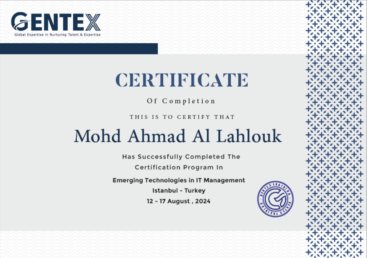 Certificate for serialno 01129742 certificate of completion mr mohdahmadallahlouk